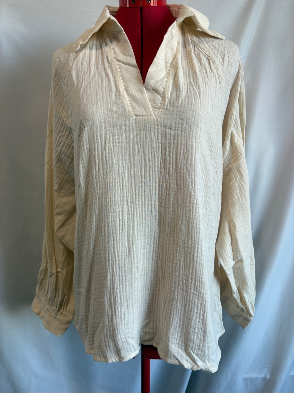 Relaxed Cream Gauze V-Neck Tunic Top with Collar